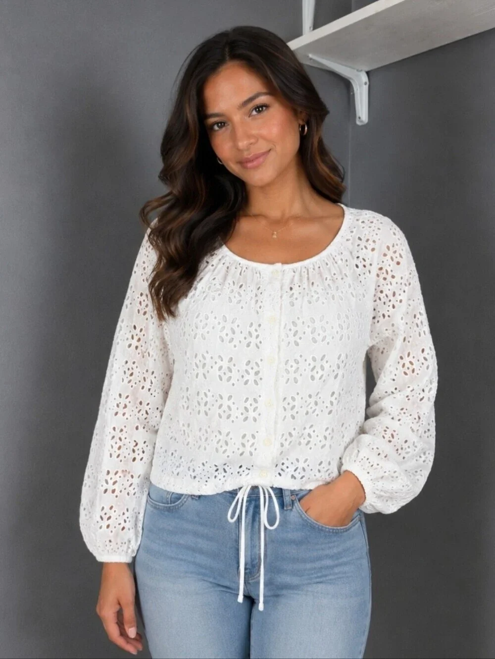 Women’s White Eyelet Button-Front Blouse